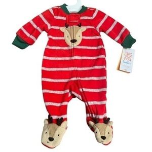 Carter’s one piece new born unisex red stripes reindeer gray two way zip Sz NB